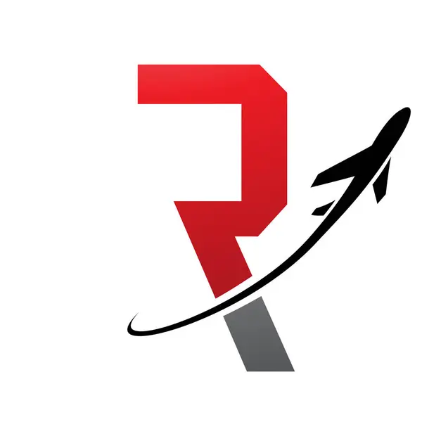 Red and Black Futuristic Letter R Icon with an Airplane on a White Background