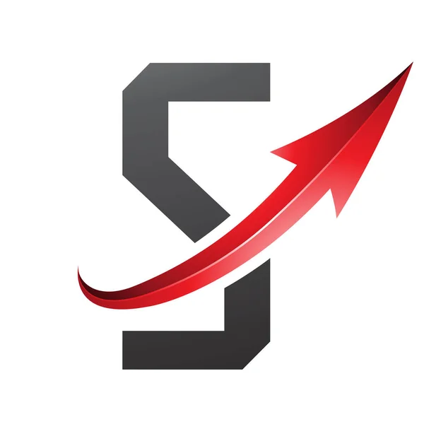 Red and Black Futuristic Letter S Icon with a Glossy Arrow on a White Background