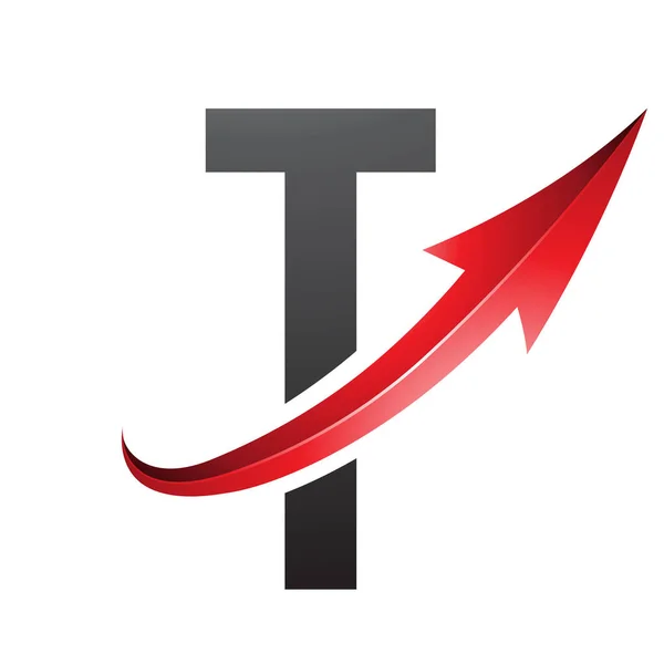 Red and Black Futuristic Letter T Icon with a Glossy Arrow on a White Background