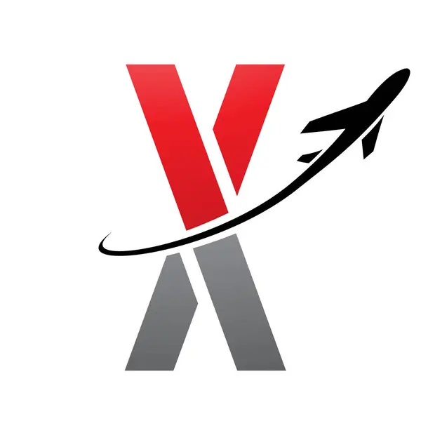 Red and Black Futuristic Letter X Icon with an Airplane on a White Background
