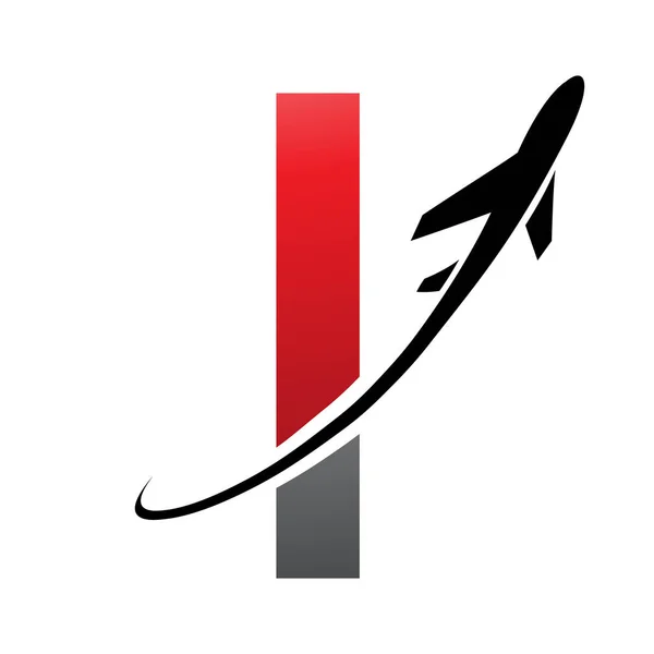 Red and Black Uppercase Letter I Icon with an Airplane on a White Background
