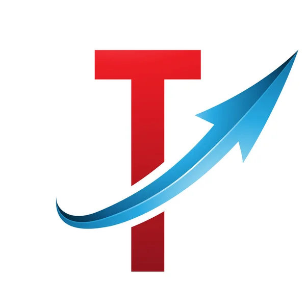 Red and Blue Futuristic Letter T Icon with a Glossy Arrow on a White Background