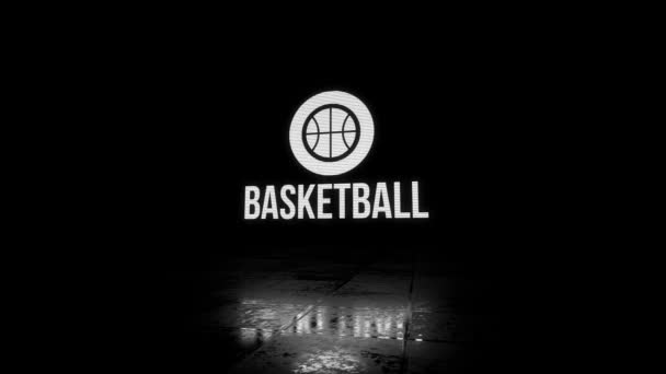 Програма Glitchy Flickering Баскетбол Intro Visible Scan Lines Чорному Тлі — стокове відео
