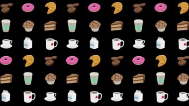 Siyah Video Arkaplanda Renkli Hareketli Çizgi Film Kahve ve Kahvaltı Grafikleri