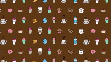 Kahverengi Video Arkaplanda Renkli Hareketli Kahve ve Kahvaltı Grafikleri