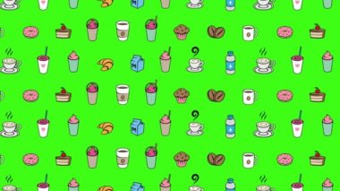 Yeşil Video Arkaplanda Renkli Hareketli Kahve ve Kahvaltı Grafikleri