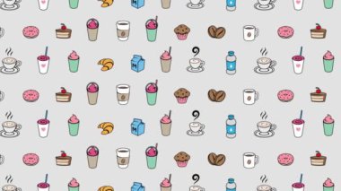 Gri Video Arkaplanda Renkli Hareketli Kahve ve Kahvaltı Grafikleri