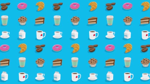 Barevné Pohyblivé Kreslené Kávy Snídaně Grafika Modrém Pozadí Videa — Stock video