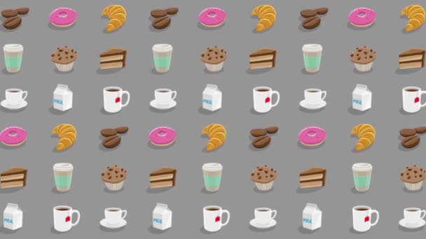 灰色视频背景下多彩的动感卡通咖啡和早餐图形 — 图库视频影像
