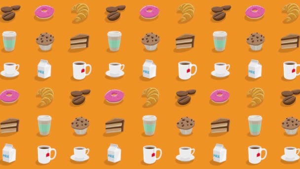 Barevné Pohyblivé Kreslené Kávy Snídaně Grafika Oranžovém Pozadí Videa — Stock video