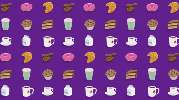 紫色のビデオ背景にカラフルな移動漫画コーヒーと朝食グラフィックス — ストック動画