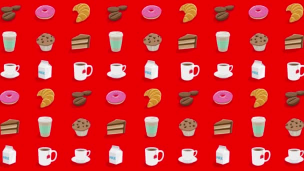 Барвистий Мультфільм Кава Сніданок Графіка Червоному Відео Фоні — стокове відео