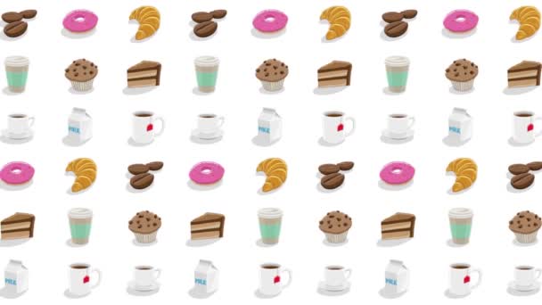 Barevné Pohyblivé Kreslené Kávy Snídaně Grafika Bílém Pozadí Videa — Stock video