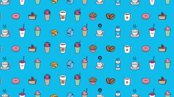 Kolorowe Przenoszenie Kawy Śniadanie Grafika Niebieskim Tle Wideo — Wideo stockowe