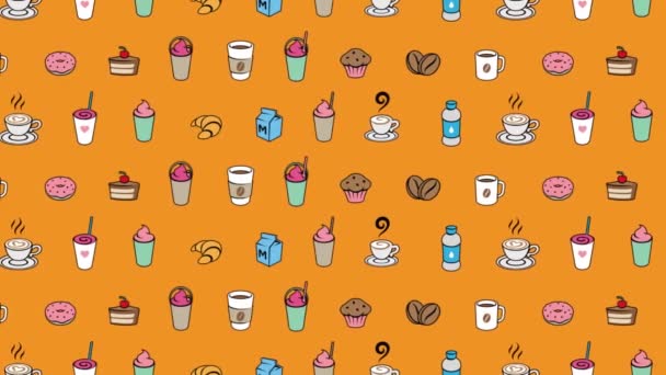 Colorful Moving Coffee Breakfast Graphics Pada Latar Belakang Video Oranye — Stok Video