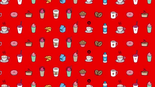 Kolorowe Przenoszenie Kawy Śniadanie Grafika Czerwonym Tle Wideo — Wideo stockowe