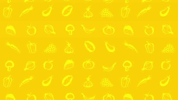 Bewegende Groenten Fruit Pictogrammen Animated Yellow Video Achtergrond — Stockvideo