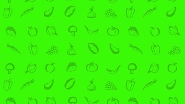 Mover Ícones Frutas Vegetais Fundo Vídeo Verde Animado — Vídeo de Stock