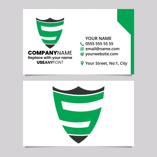 緑と黒のビジネスカードテンプレート シールド型レターSロゴアイコン ライトグレーの背景 — ストックベクタ