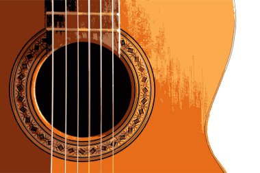 Telif uzayı olan akustik gitarın görüntüsünü kapat. İspanyol gitar detayı