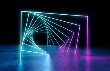 Karanlık bir iç mekanda neon ışıklar ve beton zemin. Arkaplan 33D renkli parlak ışıklar..