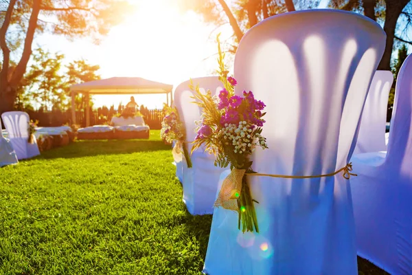 Hochzeitsfeier Freien Grünen Garten Mit Bäumen Und Frischen Naturdekorationen — Stockfoto