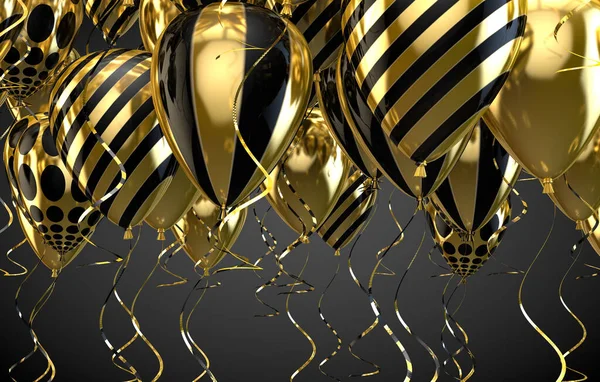 雅致的氦气气球在黑色背景上飞行 用于通告 生日和邀请函 金色和金色的气球 — 图库照片