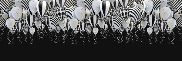 発表のための黒の背景に飛んでエレガントなヘリウム気球 誕生日や招待状 3Dイラスト 白と黒の風船 — ストック写真