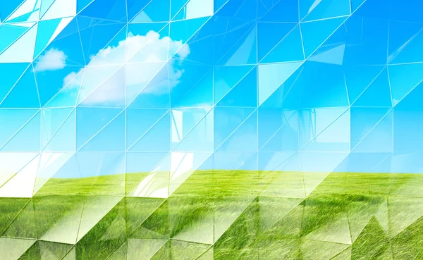 世界環境デーのコンセプト 緑の牧草地と青空の風景の背景のデザイン 生態学的背景 3Dイラスト — ストック写真