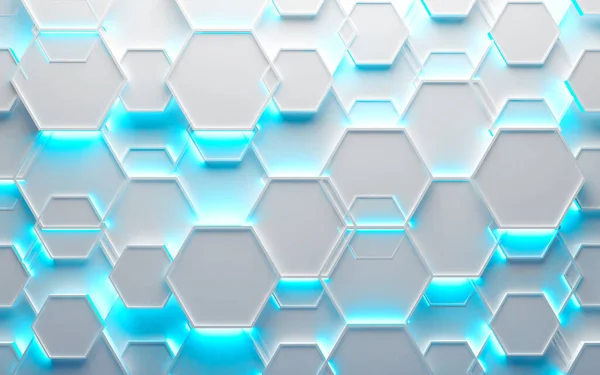 Geometrik Şekiller Mavi Neon Işıklar Boş Arkaplan Beyaz Parlak Teknoloji — Stok fotoğraf