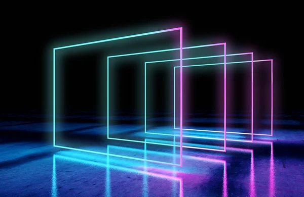 Neon lights and concrete floor in a dark interior space. Vibrant colorful glowing lights background.3d illustration.