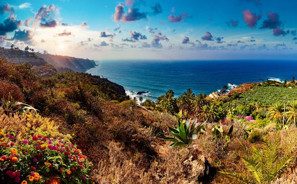 Scénická Krajina Západu Slunce Hory Útesy Kanárských Ostrovech Tenerife Puerto — Stock fotografie