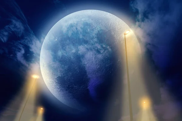 Mysterious Landscape Full Moon Lamppost Night Fantasy Dream Landscape — Stock Photo, Image