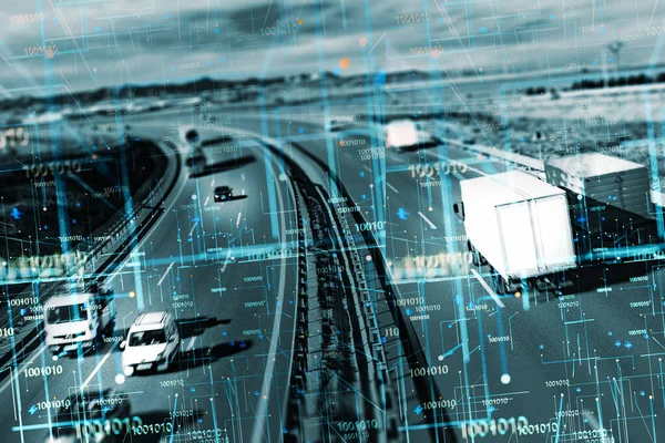 Auto Vrachtwagens Rijden Een Snelweg Met Technologie Assistent Tracking Informatie — Stockfoto