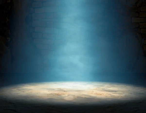 Belső Padló Fal Háttér Megvilágított Reflektorfény Üres Sötét Szoba Köd — Stock Fotó