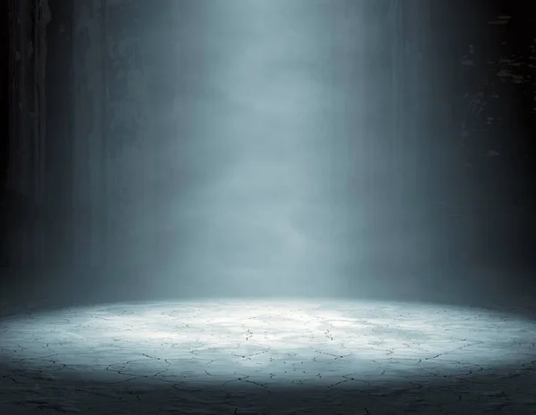 Внутрішня Підлога Фон Стіни Освітлені Прожектором Порожня Темна Кімната Туман — стокове фото