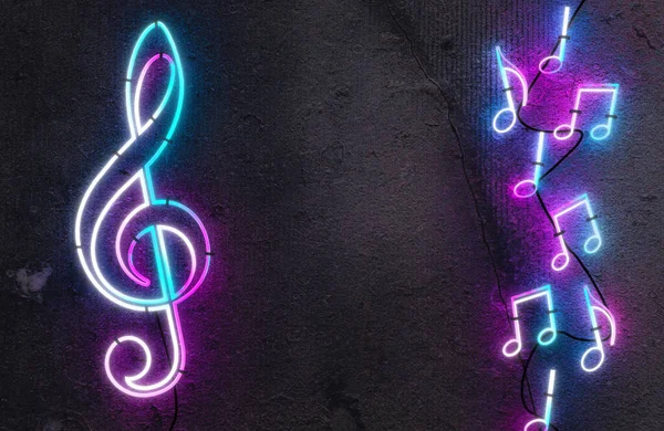 夜輝くネオンサイン カラフルなポスター 明るいバナー 3Dイラスト ネオンの音符の記号 パーティーやエンターテイメントのデザイン トレブル クリフ — ストック写真
