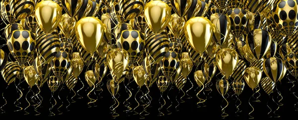 优雅的氦气气球在黑色背景上飞行 用于通告 生日和邀请函 节日和庆祝的背景 金色和金色的气球 — 图库照片