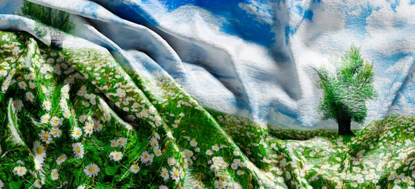 Illustratie Lente Ecologie Concept Achtergrond Met Blauwe Lucht Geschilderd Doek — Stockfoto