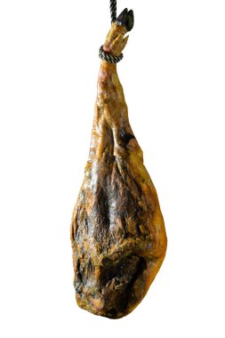 Beyaz arka planda tamamen kuru İspanyol jambonu. Kuru İspanyol jambonu, Jamon Serrano, Bellota, İtalyan Prosciutto Crudo veya Parma jambonu..