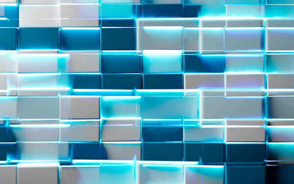 Trendy design of mosaic shiny texture and neon lights. Tech and digital backdrop.Abstract blue blocks or cubes background.