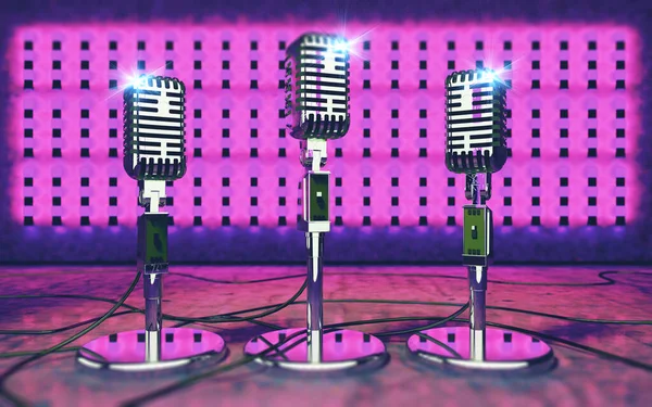 Live music background.Microphone and stage lights.Radio and karaoke concept.Microphone and stage lights.Concert and music concept.3d illustration.