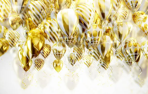 アナウンス 誕生日 招待のための白い背景に飛ぶエレガントなヘリウム風船 見栄えと祝賀の背景 ゴールド ゴールドバルーン — ストック写真