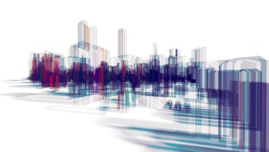 Şehir mimarisi ve evlerinin taslak ya da tel çerçeve çizimi. Modern mimari proje ya da plan. 3D illüstrasyon. Soyut tasarım kentsel mimari..