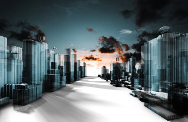 Şehir mimarisi ve evlerinin taslak ya da tel çerçeve çizimi. Modern mimari proje ya da plan. 3D illüstrasyon. Soyut tasarım kentsel mimari..