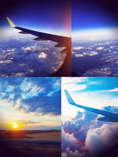아름다운 전망의 여행의 항공기에서 비행기 전망의 디자인 비행기 콜라주 스톡 사진