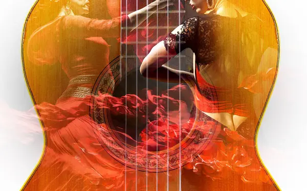 Hintergrund Der Traditionellen Spanischen Zigeunermusik Spanische Gitarre Und Flamenco Tänzerin lizenzfreie Stockfotos
