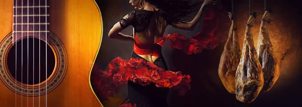 Нарезаю Испанский Берийский Окорок Дизайн Испанского Хамона Испанской Гитары Танцовщицы Стоковое Фото