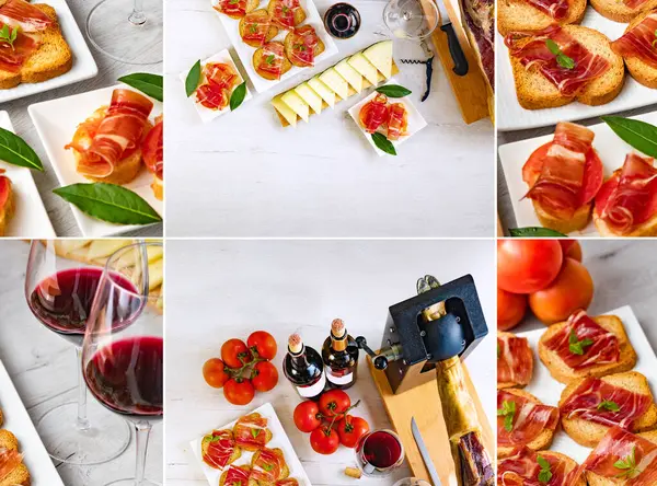 Composition Design Appetizers Iberian Ham Glass Wine Ripe Tomatoes Cow — Stock Photo, Image