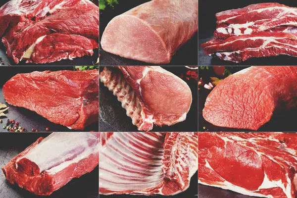 Collage or design of different types of raw meat for butcher shop or restaurant.Beef sirloin steaks and T-bone steaks on a stone or black slate background.